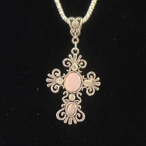 Pink Stone Filigree Cross Pendant Necklace